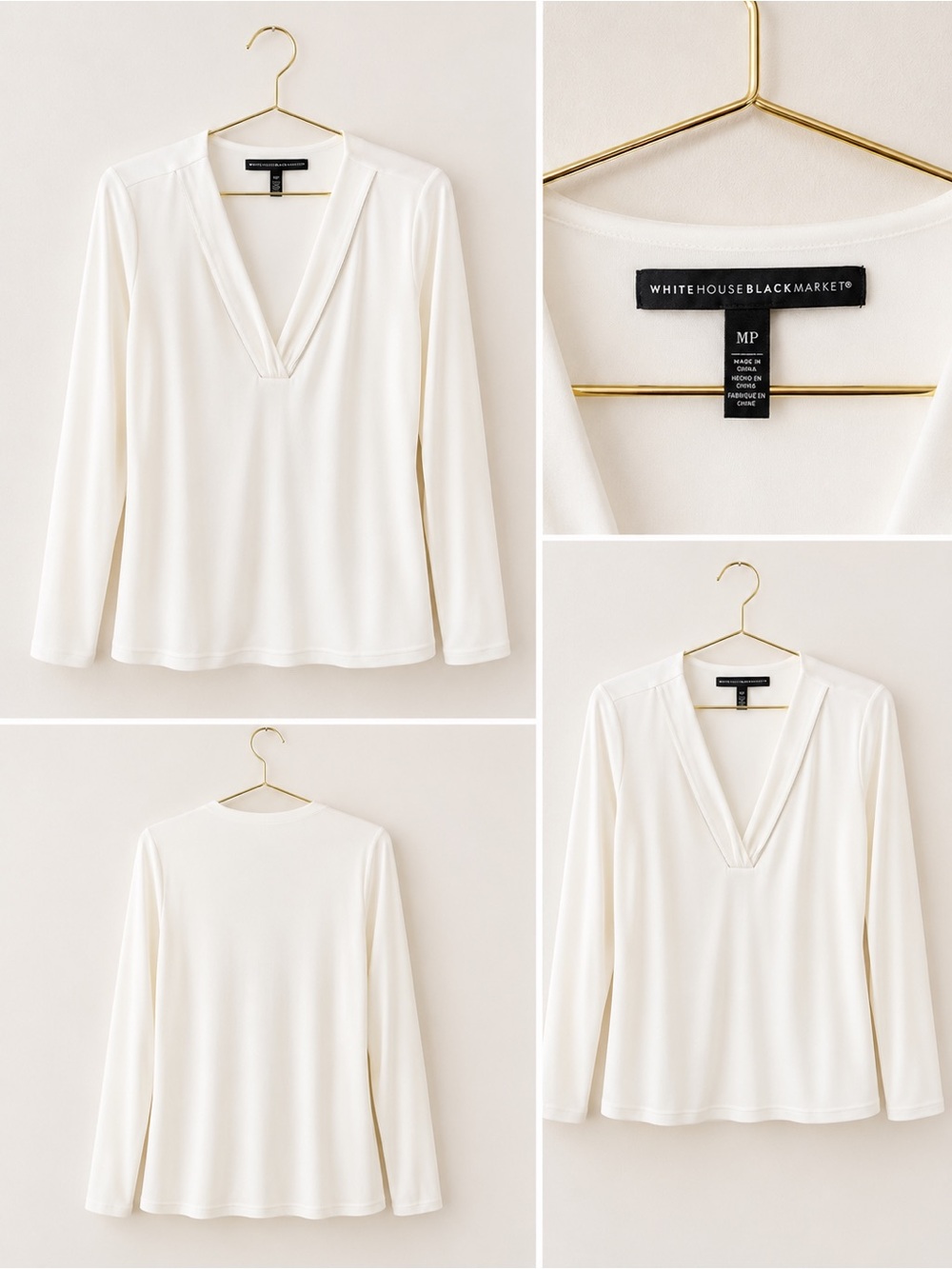 White House Black Market Ivory V-Neck Long Sleeve Top - Sleek Stretch